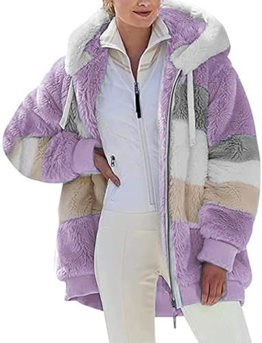 Fleecejacke Hoodie Damen Kapuzenpullover Teddy-Fleece Warm Herbst Wintermantel Stilvoller ReißVerschluss Fellmantel PlüSchjacke Mit Taschen (Lila, S)