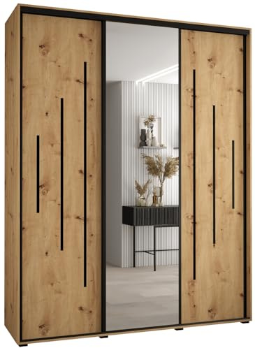 MEBLE KRYSPOL Davos 13 200 Schrank mit DREI Schiebetüren für Schlafzimmer - Moderner Kleiderschrank mit Spiegel, Kleiderstange und Regalen - 235,2x200x45 cm - Artisan Artisan Schwarz