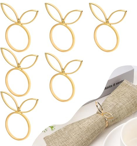 6 Stück Oster Hasen Serviettenringe, Goldene Hasenohr Serviettenringe Halter aus Metall Serviettenringe Niedliche Osterserviettenschnalle Esstischdekoration für Osteressen, Hochzeiten, Partys
