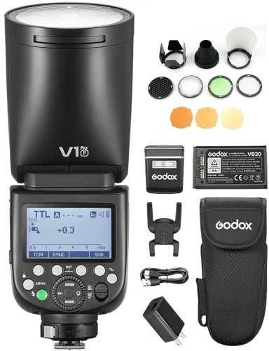 GODOX V1PRO F Blitzgeräte kabelloser Kamerablitz +AK-R1 Kit +24 Stück Rundkopfblitzgels 1/8000 s HSS, M/TTL-Blitzmodus 1,3 s Wiederaufladezeit unterstützt Typ-C-Stromversorgung für FUJIFILM Kameras