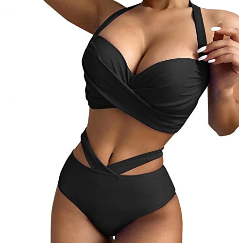 Bikini Damen, Hawaii Outfit Damen Bikini Große Oberweite Bikini Bügel High Waist Bauchweg Neckholder Bikini Damen Summer Push Up Bademode V Ausschnitt Überkreuztes Bikini (A01,L)