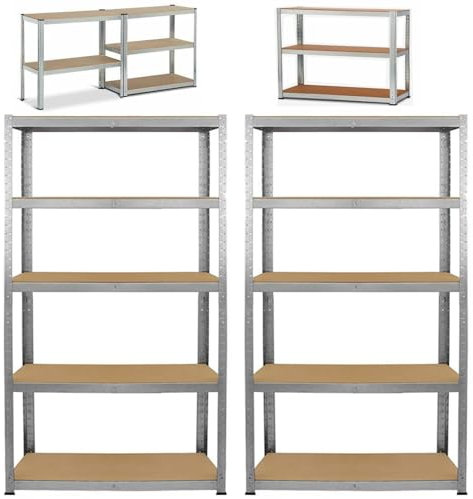 Schwerlastregal, 2er Set, 180x90x40c, 5 MDF-Platten Regal aus Metall, Kellerregal, Lagerregal, Steckregal, Werkstattregal, Metallregal, Bis 875KG Belastbar, 5 verstellbare Ablagen, Verzinkt Regal