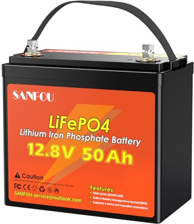 SANFOU Batteria LiFePO4 12V 50Ah, Batteria al Litio 640Wh con BMS 50A, 5000-15000 cicli, Batterie per Auto, Supporta 4S4P, Perfetta come fonte di alimentazione per camper
