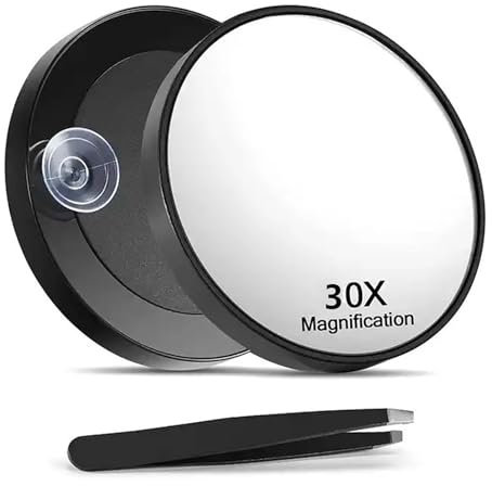dinghaole 30X Magnifying mirror, 3.5 Inch Magnifier with Suction Cup and Tweezers - Black Portable Makeup Mirror Magnifier for Travel, Eyebrow Trimming, Makeup, Shaving, Bathroom