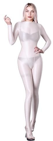 SOFSOT Ultra-transparenter Ganzkörperanzug für Damen, lange Ärmel, glänzend, Einteiler, glänzender Catsuit, Nylons, Ganzkörperanzug, Weiss/opulenter Garten, XXL