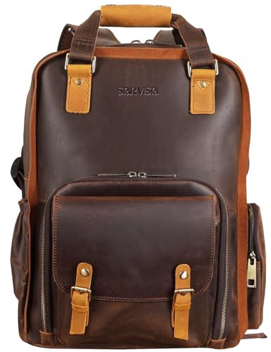 STAR VISTA Bernini Vintage Full Grain Leather Camera Backpack for DSLR/SLR, Camera Case for Photographers, with Tripod Holder, Fits 15.6 Laptop, Casual Outdoor Rucksack, YKK Zippers, Dark Brown,