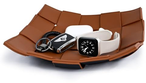 MSJGA PU Leather Valet Tray for Men, Portable Key Bowl for Entryway Table, Bedside Nightstand Desk Catchall Organizer Tray, EDC Dump Tray for Wallet, Watch, Remote, Coin, Phone, Jewelry (Brown)