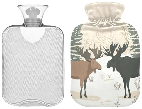 Winter Elch Wärmflasche mit weichem Bezug, 2 Liter Wärmbeutel zur Linderung von Nacken- und Schulterschmerzen, Wärmbeutel