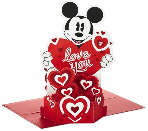 Hallmark Valentines Day Card, 3D Pop Up, Musical, Disney Mickey Mouse | Light Up Heart, Gold, Pink, Blue, White, Red Envelope, Removable Mini Card, 22.6x14.1x7.2cm
