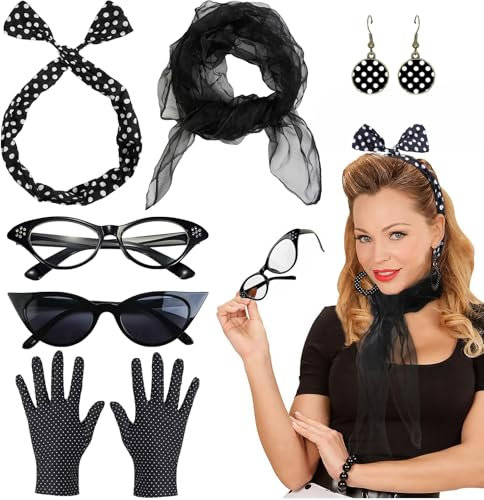 6-Piece Rockabilly Accessoires Damen Set for Women - 50er Jahre Outfit Damen, Gloves, Glasses, Earrings, and Scarf for Retro Party or Everyday Wear