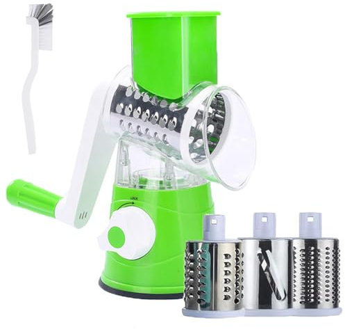 Rotary Cheese Grater, Manual Round Vegetable Slicer with 3 Interchangeable Blades, Grater for Kitchen Faster and Easy Cutting, Safe Food Shredder Nut Grinder for Potato, Carrot, Garlic, Walnut