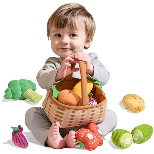 TUMAMA Obst und Gemüse Kaufladen Zubehör Spielzeug Kinder Set, Shop Waren Rollenspiel für Kinderküche, Plüsch Einkaufskorb Spielküche mit Gurke, Tomate, Karotte, Kartoffeln, Brokkoli, Mais Zwiebel