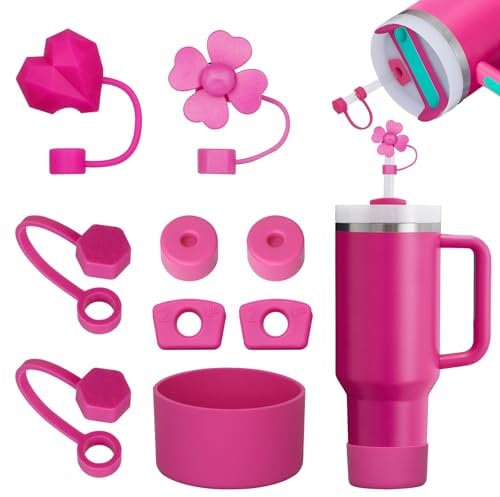 FOSFUKEER Stanley Cup-Zubehörset, enthält 6 auslaufsichere Silikonstopfen,2 Stück Strohdeckel, 1 Silikonhülle für Stanley Cup 1,2 l- und 850 ml-Becher,Cups nicht enthalten (Fuchsia)