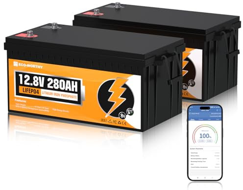 ECO-WORTHY Bateria LiFePO4 2PACK 12V 280Ah Bluetooth con 200A BMS protección Baja Temperatura y hasta 15000 ciclos, 7KWH bateria Litio 12V 280AH para Autocaravana, Juego Completo de Sistema Solar