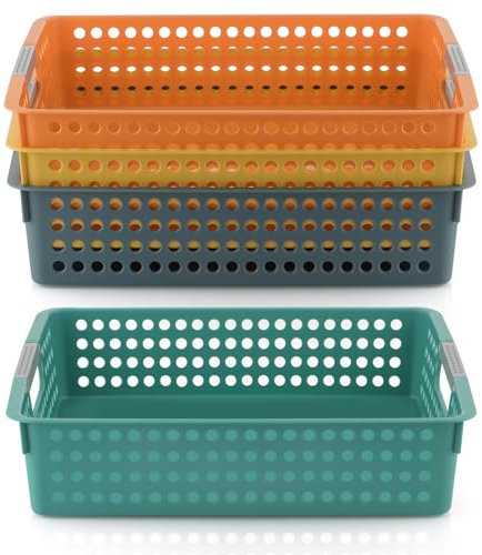 Skelang A4 Paper Tray, 4 Pcs Stackable File Organizer, Desktop Plastic Storage Basket with Handles for Classroom, Office, Kitchen, Bathroom (4 Colors)