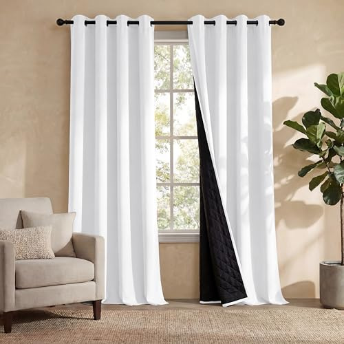 PONY DANCE 100% Verdunklungsvorhänge mit Ösen Thermovorhang Hitzeschutz | 2er Set, H 200 x B 140 cm, Weiß, Doppellagig, Ösenschal, Dick, Gardinen Wohnzimmer, Schwer, Blickdicht, Sichtschutz