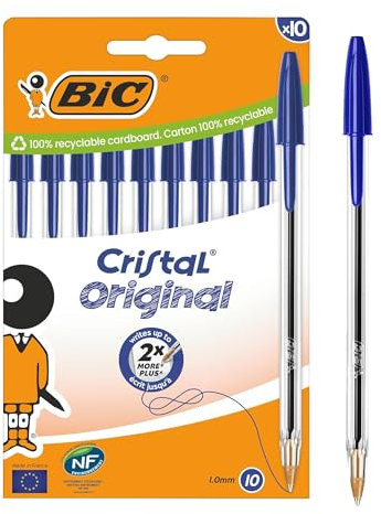 BIC Cristal - Bolígrafos originales de tinta azul de 1,0 mm, punta media, barril de plástico, sin manchas, bolígrafos de escritura de larga duración para escuela, oficina, notas, exámenes, suministros