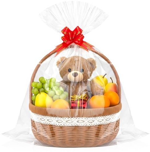 GOMANCHE 10 Pack Large Cellophane Basket Bags, 60 x 75 CM Clear Cello Basket Wrap with 10 Pieces Pull Bow, Plastic Gift Wrapping for Spring Party Favor Supplies