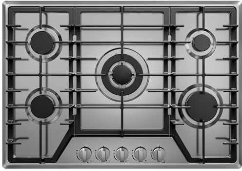 30 inch Gas Cooktop with 5 Sealed Burners, Stainless Steel Drop-in Stove Top, Dishwasher Safe Cast Iron Grates, NG/LPG Convertible, 38K BTU