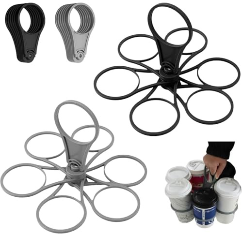 Garegce 2 PCS Drinks Carrier, Portable 6-Cup Drink Holder Tray with Handle, Reusable Cup Holder, Festival Accessories, Foldable Drinks Carrier Tray Holiday, Sports Parties and Gigs(Grey, Black)