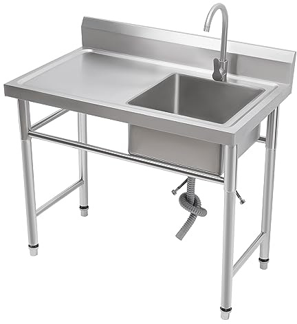 DIFU Camping Spüle 100 x 60 x 93 cm Edelstahl Spültisch Freistehende Spüle mit Unterschrank, Küchenspüle Outdoor mit Armatur & Plattform, Mobile Multifunktionswaschtisch für Garten Terrasse (L)