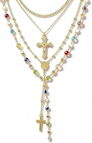YUSHWENPTY Mehrreihige Halskette für Damen 4 PCS Layering Kette Gold Set Stapelbare Kette Gold Kreuz-Halskette Bohemian Rosenkranz Halskette Schmuck Accessoires, Geburtstagsgeschenk