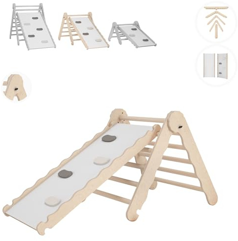 MAMOI® Klettergerüst Indoor, Kletterdreieck mit Rutsche Holz, Kletterturm Rutschbrett, Kletterbogen Kinderrutsche, Regenbogenwippe, Montessori Spielzeug