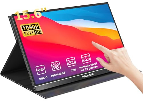 Visual Beat Monitor Portátil Táctil 15,6 Full HD 1080P, IPS 100% sRGB, USB-C y HDMI, Toque de 10 Puntos, Funda Soporte, VESA, para Portátil, PC, Mac y Switch