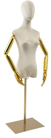 Weibliche Schaufensterpuppe mit Samtbezug & Gold-Armen, Höhenverstellbar 150-200cm für Boutique, Brautmoden & Dekoration, Inkl. Ständer (Off-White)