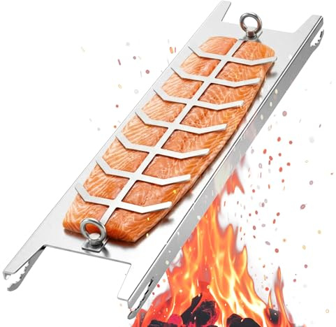 QWORK® Flammlachsbrett 304 Edelstahl, 52 * 11.5 * 3cm Flammlachshalter, für Feuerschale, Kugelgrill & Lagerfeuer