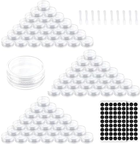 DRADERCH 100 Pcs Contenants Cosmétiques Transparents 3g/3ml | Avec 10 Spatules & 108 Autocollants, Pots en Plastique, Mini Ronds Clairs Vides pour Échantillons de Voyage, Lotion, Crème