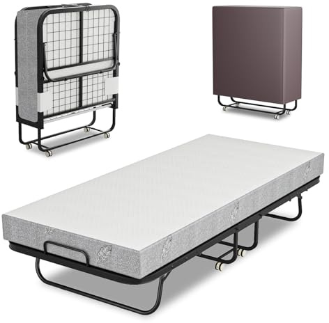 Eikuavons Klappbett 90x200 cm, Klappbares Gästebett inkl. 13 cm Dicker Memoryschaum-Matratze und Schutzhülle, ohne Aufbau, Stabiler Metallklapprahmen, mit 4 Laufrollen, Belastbarkeit 200 kg