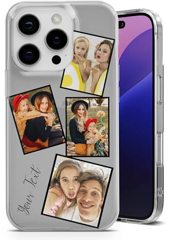 EMIT PRINT Personalisierte Collage Multi-Bilder Design Hülle für iPhone 6,7,8,X,Xr,11,12,13,14,15,16,17, Air,e Serie – Kristallklare stoßfeste TPU Schutzhülle - 4 Fotos | Text