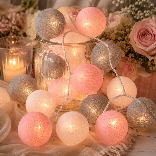 ALEGRE® 3M 20LED Baumwollkugeln Lichterkette Kugeln, 4cm Cotton Ball Lichterkette Kinderzimmer Mädchen Jungen, Rosa Kugel Lichterketten Baumwollkugeln für Hochzeit,Zimmer,Schlafzimmer,Weihnachten Deko
