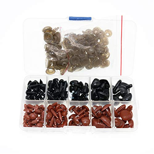 BITEYI Bunte Kunststoff Sicherheit Nase mit Unterlegscheiben 130 Stück 8-16mm DIY Sicherheitsnasen für Making Puppe,Marionette,Plüschtier(Schwarz und Braun)