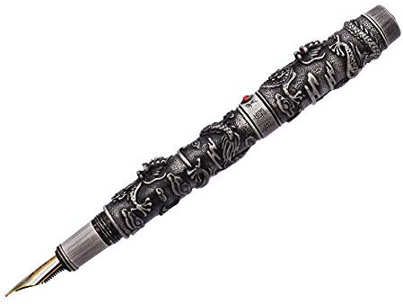 Jinhao Dragon Fountain Pen, Gray Steel Metal 18KGP Medium Nib Vintage Pens, Double Dragon Playing Pearl Calligraphy Pen