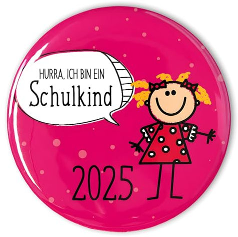 stylebutton® Button Anstecker Schulkinder Präsent und Deko zum Schulanfang/Einschulung 2025 56 mm Sicherheitsnadel (#8 Hurra Mädchen Magenta)