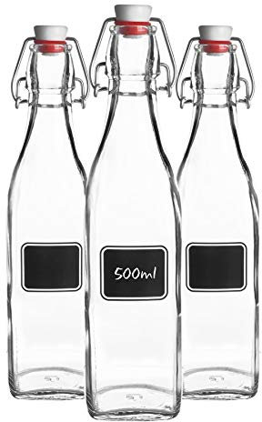 Bormioli Rocco 3pc Lavagna Glass Swing Top Bottle Set with Chalkboard Label - for Preserving, Home Brew - 500ml