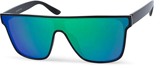 styleBREAKER Unisex Shield Monoglas Sonnenbrille, Polycarbonat Glas und Kunststoff Rahmen, Retro Nerd Style 09020108, Farbe:Gestell Schwarz/Glas Grün-Blau verspiegelt