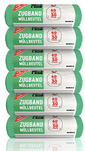 Gut & Günstig Zugband Müllbeutel 60L (30 Stück) - 6er Pack - Reißfest & Flüssigkeitsdicht (6x30 Stück)