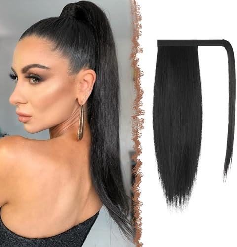 FESHFEN Pferdeschwanz Extensions Glatt Lang Pferdeschwanz Verlängerung Haarteil Zopf Clip in Ponytail Extension Synthetik Haare Extensions Zopf Haarverlängerung für Damen, Natürliches Schwarz 40 cm