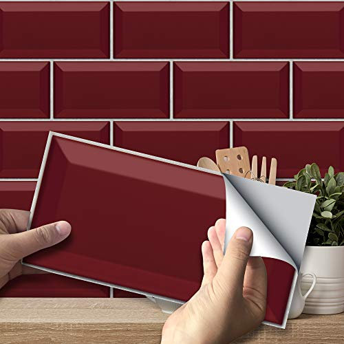 funlife 20X10cm 27Pcs Peel and Stick Transfers Sticker On Tiles, Self-Adhesive Water-Resistant PVC Tile Decals Backsplash for Home Kitchen Decor, Ruby Colour