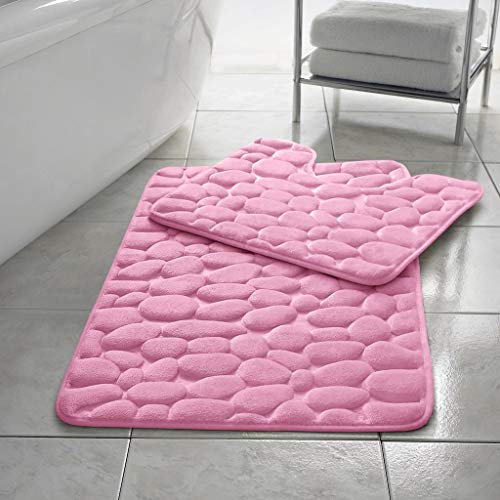 NIGHTZONE Pebble Stone Bath Mat Set Non Slip Pedestal Set Extra Absorbent 100% Memory Foam Bathroom Toilet Rug Set (Pink)