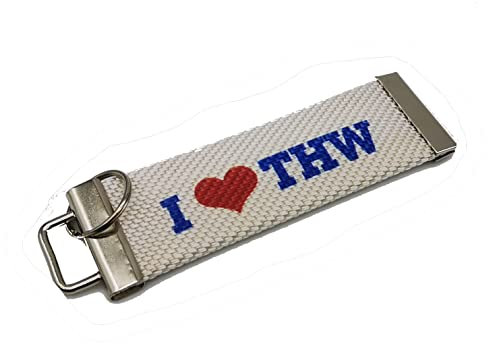 THW Schlüsselanhänger aus ORIGINAL Feuerwehrschlauch: I LOVE THW/Rückseite mit individuellen Text - Das Geschenk für Frauen, Männer. Für Geburtstag, Valentinstag - Handmade in Germany