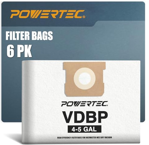 POWERTEC 75023-P2 Filter Bags for Vacmaster VDBP 4-5 Gal Wet Dry Vacuum, Fits VQ407S & VWM510, 6PK