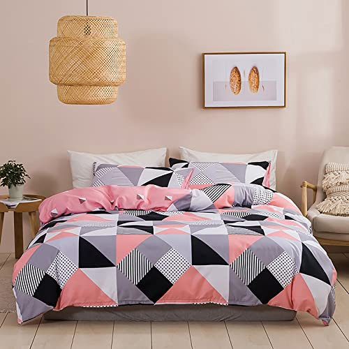 Motivo Geometrico Set Copripiumino Letto Matrimoniale Completo King Size 1 Sacco Copripiumino 240x220 cm e 2 Federe 50x75 cm Copri Piumone Scacchi Righe Parure Biancheria Letto Microfibra Grigio Rosa