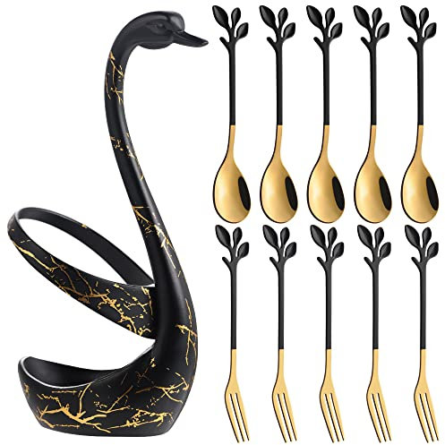 AnSaw Black Swan Base Holder Set with 10 Pcs 4.7 Mini Black & Gold Leaf Teaspoons & Dessert Forks - Perfect for Appetizers,Salads,Cakes,Fruits,Tea,Espresso - Beautify Your Charcuterie Board Layout