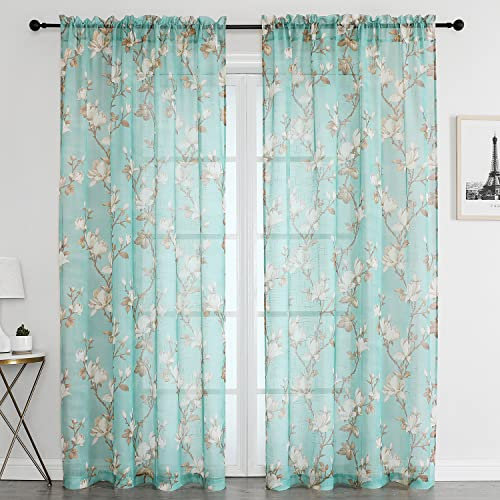 SMILE WEAVER Blaugrüne transparente Vorhänge, 183 cm Länge, 2 Paneele, Set für Wohnzimmer, weißes Blumenmuster, Fenstervorhänge für Schlafzimmer-Dekor/Kinderzimmer (Türkis, 132x143 cm)
