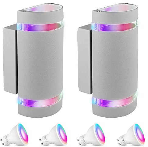 SSC-LUXon 2 Stück ZORA Wandlampe Aussen LED Up & Down mit Smarthome RGB GU10 WLAN - Wand Außenlampe grau IP44 kompatibel mit Alexa, Google, Siri