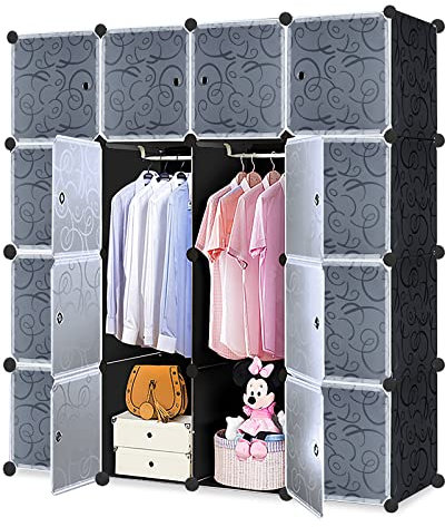 LZQ Kleiderschrank Mehrzweckschrank DIY Regalsystem Schrank, Kunststoff Garderobenschrank Schlafzimmerschrank mit Tür, Steckregal Aufbewahrung Staubdicht mit 16 Würfeln
